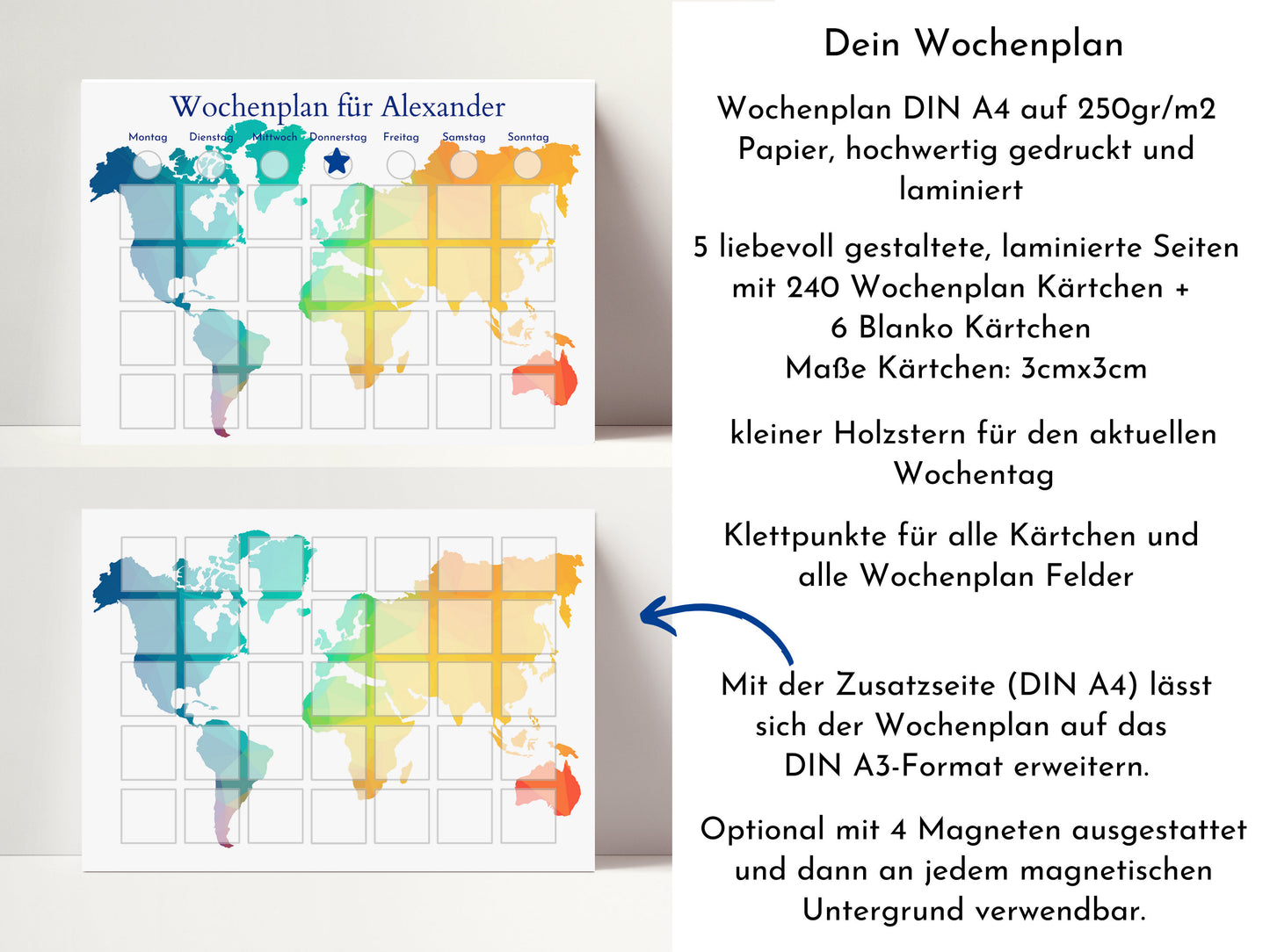 Personalisierter Kinder Wochenplan "Weltkarte" mit 246 Routine Karten, Montessori Routineplan für einen entspannten Tagesablauf