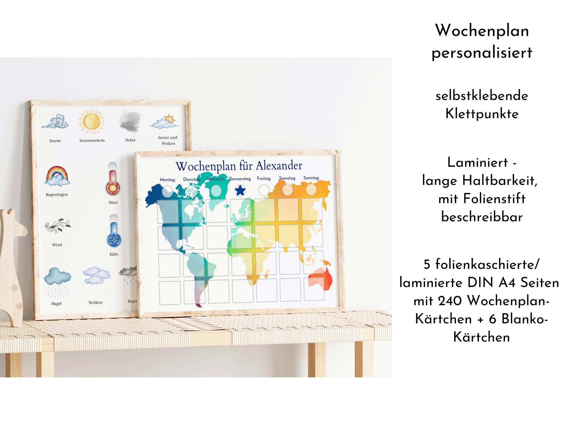 Personalisierter Kinder Wochenplan "Weltkarte" mit 246 Routine Karten, Montessori Routineplan für einen entspannten Tagesablauf