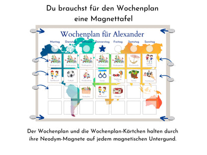 Magnetboard Wochenplan "Weltkarte" personalisiert für Kinder und Teenager, 246 Routine Karten, Neodym-Magnete, Montessori Routineplan