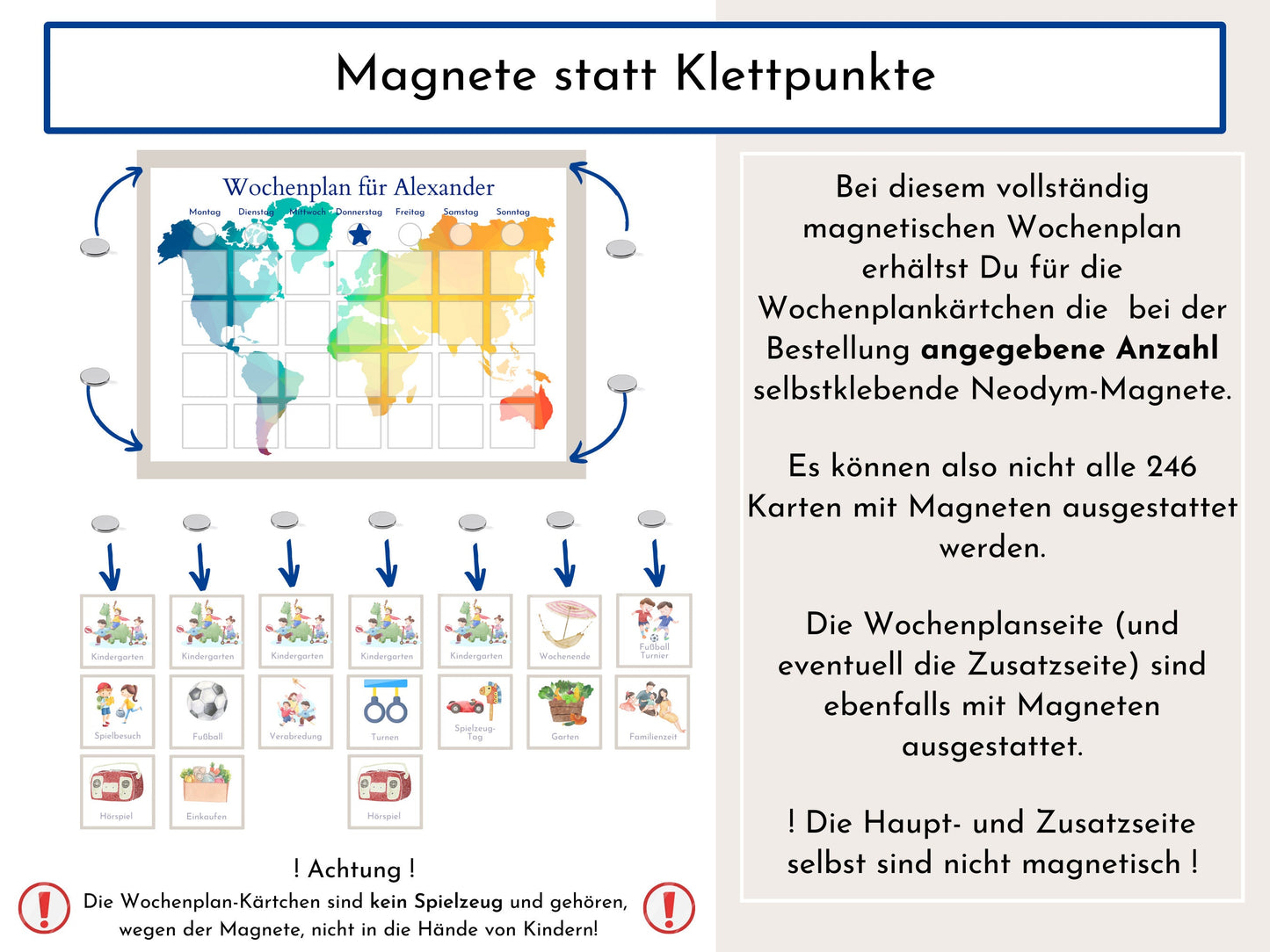 Magnetboard Wochenplan "Weltkarte" personalisiert für Kinder und Teenager, 246 Routine Karten, Neodym-Magnete, Montessori Routineplan