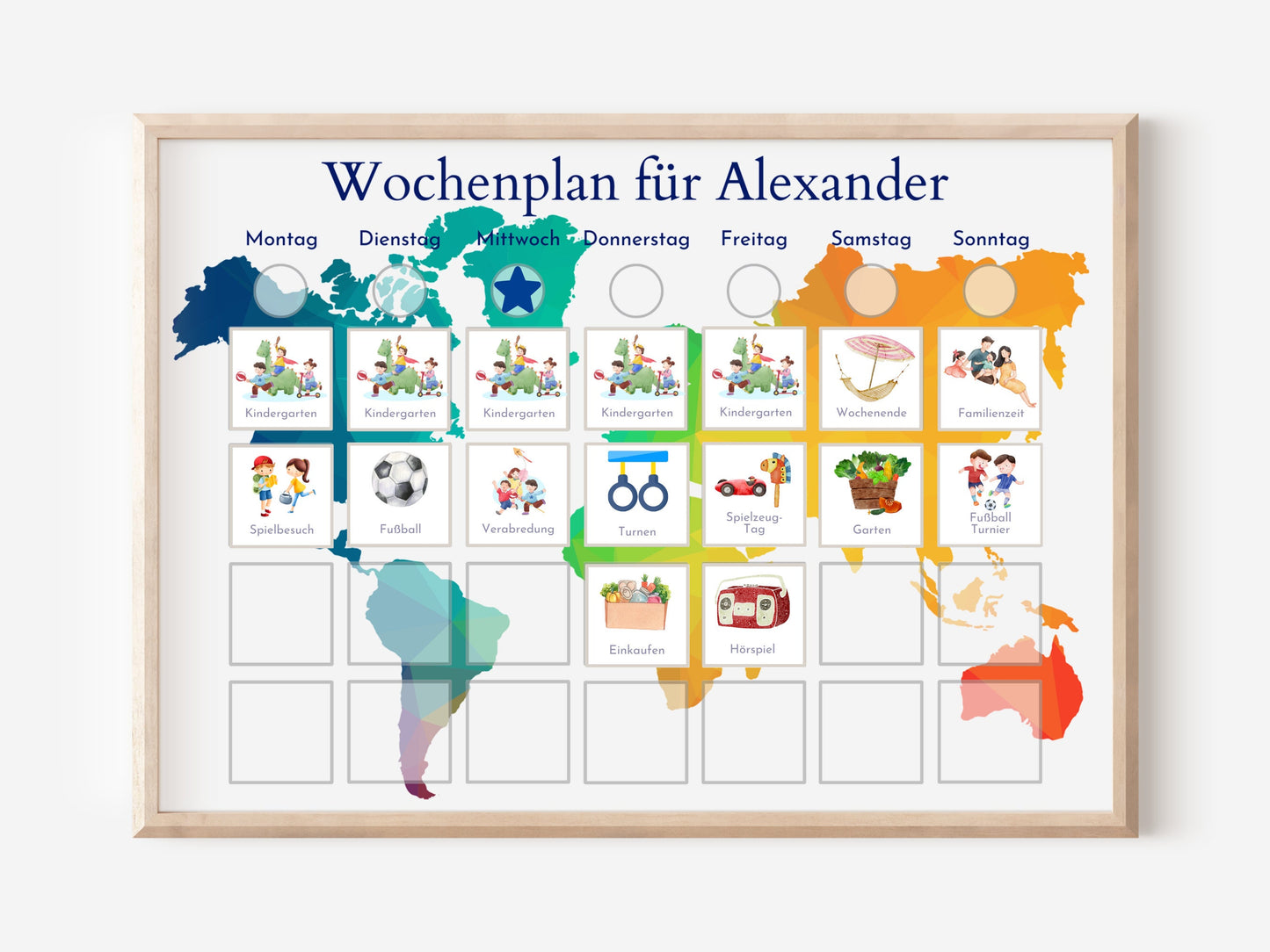 Magnetboard Wochenplan "Weltkarte" personalisiert für Kinder und Teenager, 246 Routine Karten, Neodym-Magnete, Montessori Routineplan