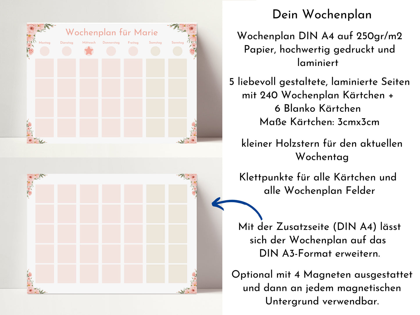 Wochenplan "Rosen" mit Name personalisiert, 246 Routine Karten, laminiert magnetisch Klett, Routineplan für Kinder und Jugendliche