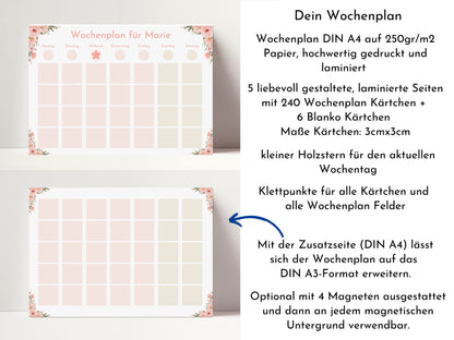 Wochenplan "Rosen" mit Name personalisiert, 246 Routine Karten, laminiert magnetisch Klett, Routineplan für Kinder und Jugendliche