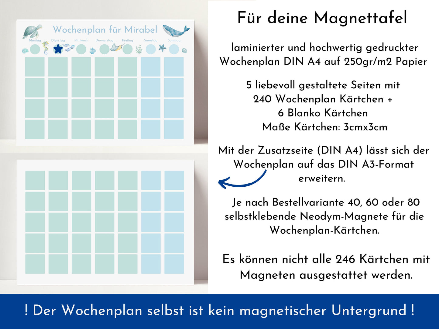 Magnetboard Wochenplan "Atlantik" personalisiert für Kinder und Teenager, 246 Routine Karten, Neodym-Magnete, Montessori Routineplan