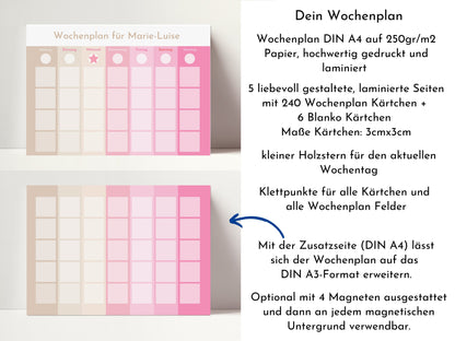 Wochenplan "Rosa Beige" mit 246 Routine Wochenkarten, personalisiert, Klett, laminiert, magnetisch, Routineplan für Kinder Kita und Schule