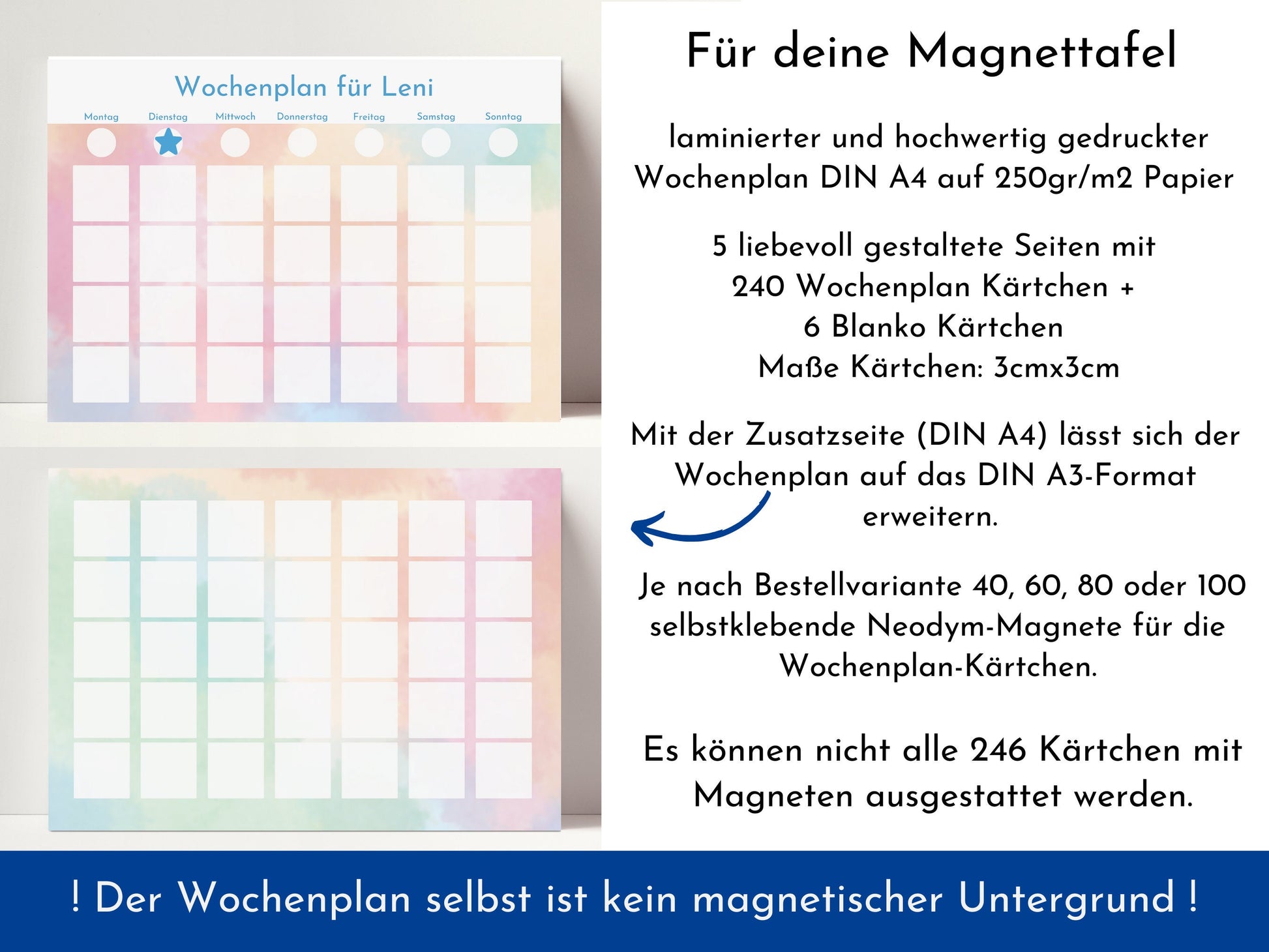 Magnetboard Wochenplan "Aquarell" personalisiert für Kinder und Teenager, 246 Routine Karten, Neodym-Magnete, Montessori Routineplan