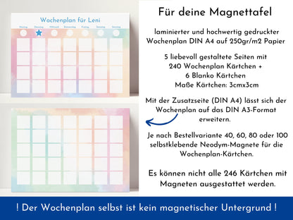 Magnetboard Wochenplan "Aquarell" personalisiert für Kinder und Teenager, 246 Routine Karten, Neodym-Magnete, Montessori Routineplan