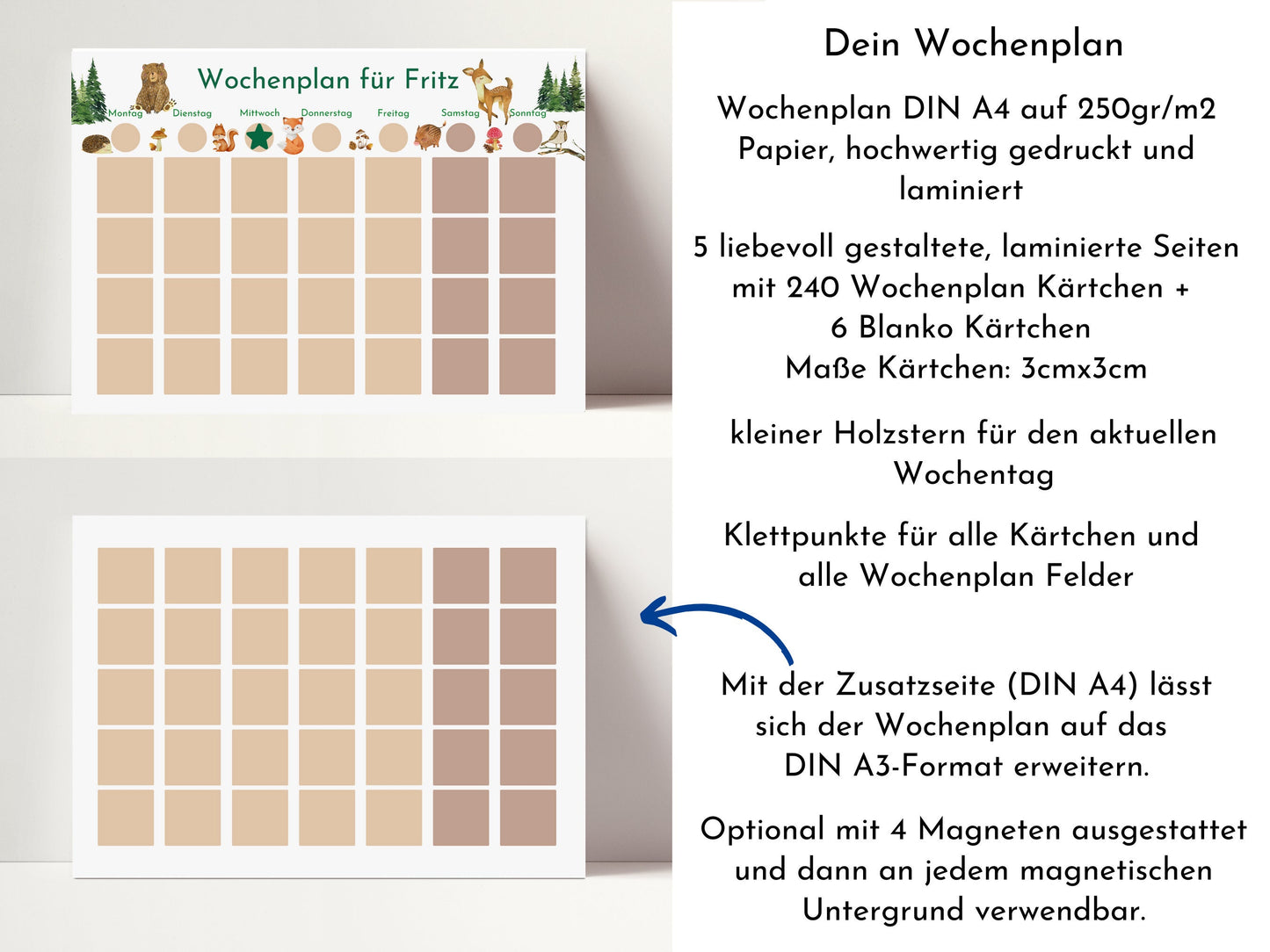 Wochenplan "Wald und Wiese" mit Name personalisiert, 246 Routine Karten, laminiert magnetisch Klett, Routineplan für Kinder und Jugendliche