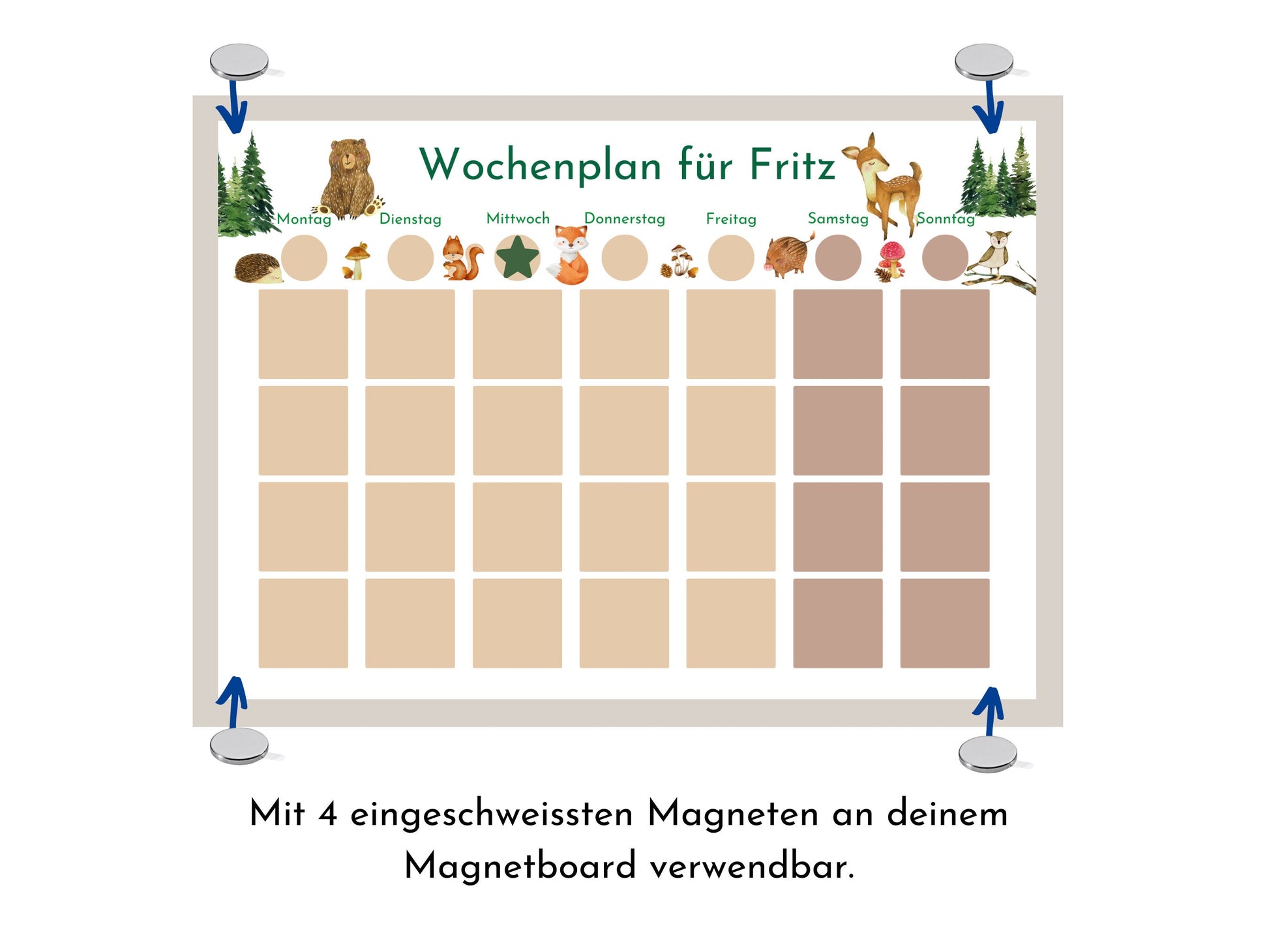 Wochenplan "Wald und Wiese" mit Name personalisiert, 246 Routine Karten, laminiert magnetisch Klett, Routineplan für Kinder und Jugendliche