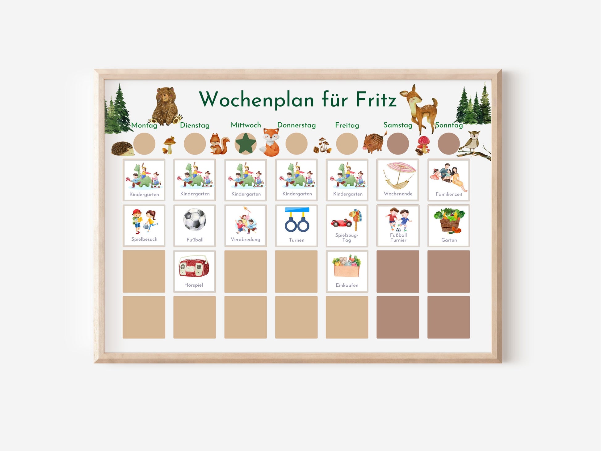 Wochenplan "Wald und Wiese" mit Name personalisiert, 246 Routine Karten, laminiert magnetisch Klett, Routineplan für Kinder und Jugendliche