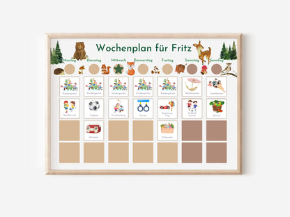 Wochenplan "Wald und Wiese" mit Name personalisiert, 246 Routine Karten, laminiert magnetisch Klett, Routineplan für Kinder und Jugendliche