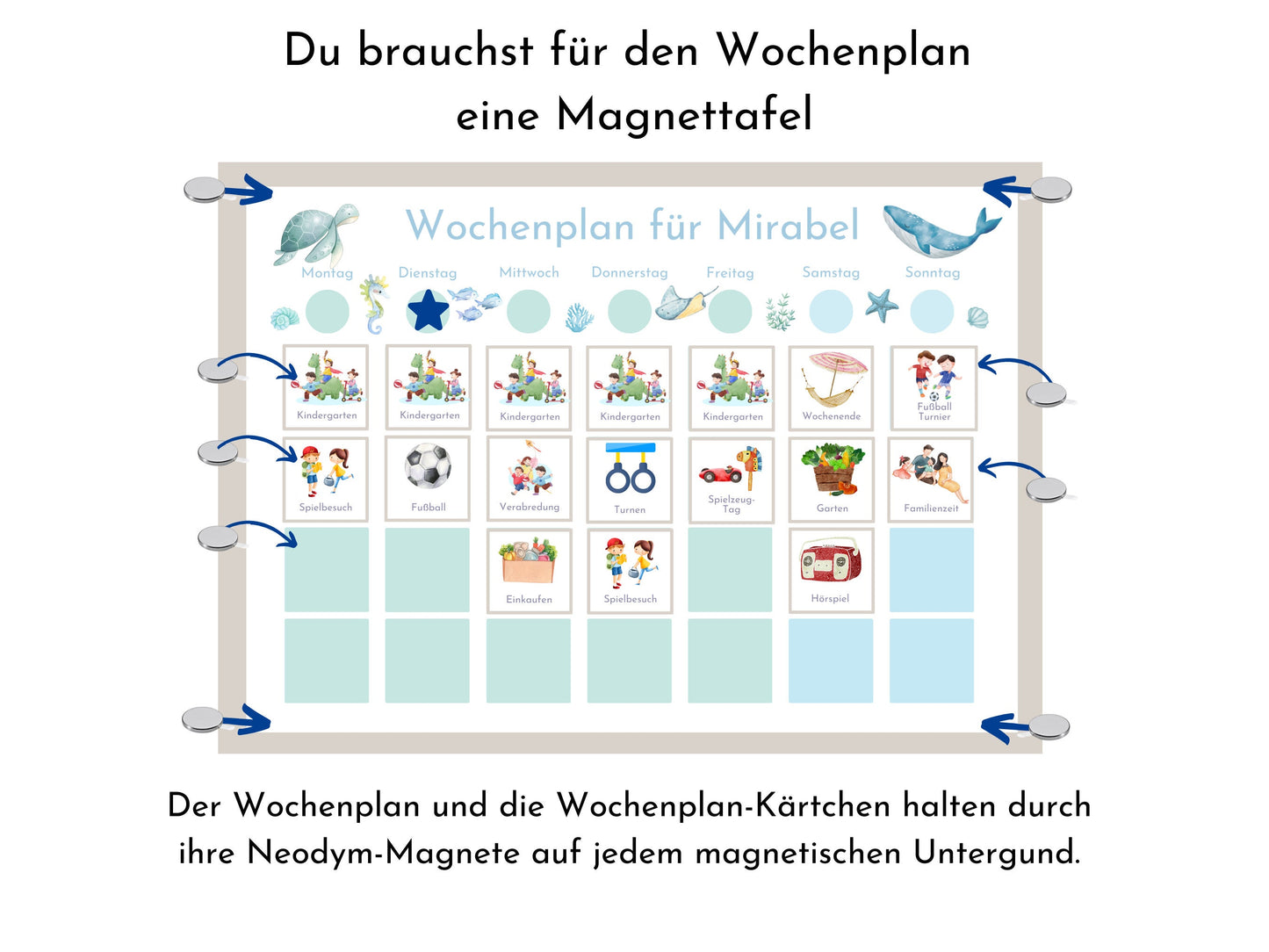 Magnetboard Wochenplan "Atlantik" personalisiert für Kinder und Teenager, 246 Routine Karten, Neodym-Magnete, Montessori Routineplan