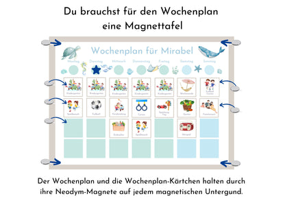 Magnetboard Wochenplan "Atlantik" personalisiert für Kinder und Teenager, 246 Routine Karten, Neodym-Magnete, Montessori Routineplan