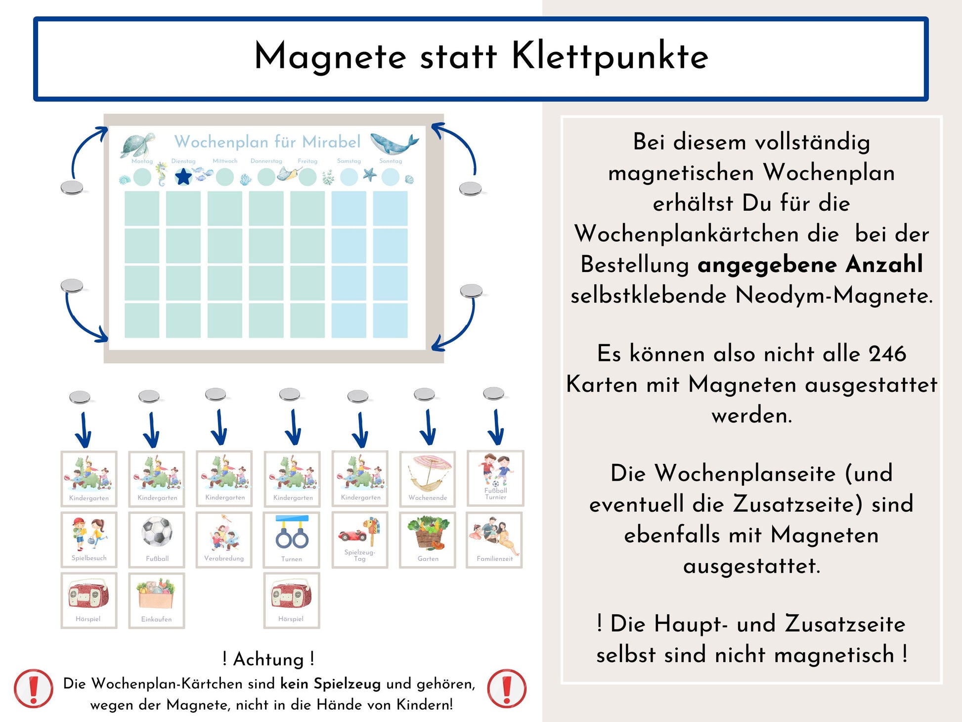 Magnetboard Wochenplan "Atlantik" personalisiert für Kinder und Teenager, 246 Routine Karten, Neodym-Magnete, Montessori Routineplan