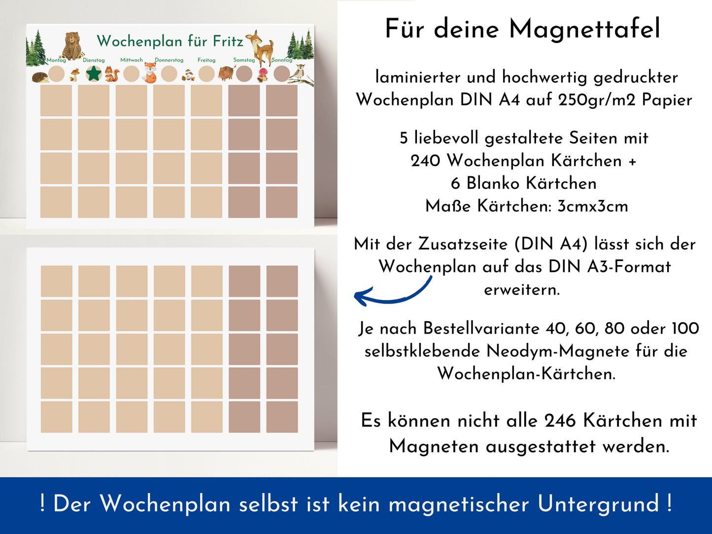 Personalisierter Magnetboard Wochenplan "Wald und Wiese" für Kinder, 246 Routine Karten, Tagesplan mit 40-100 Magneten, Montessori Routine