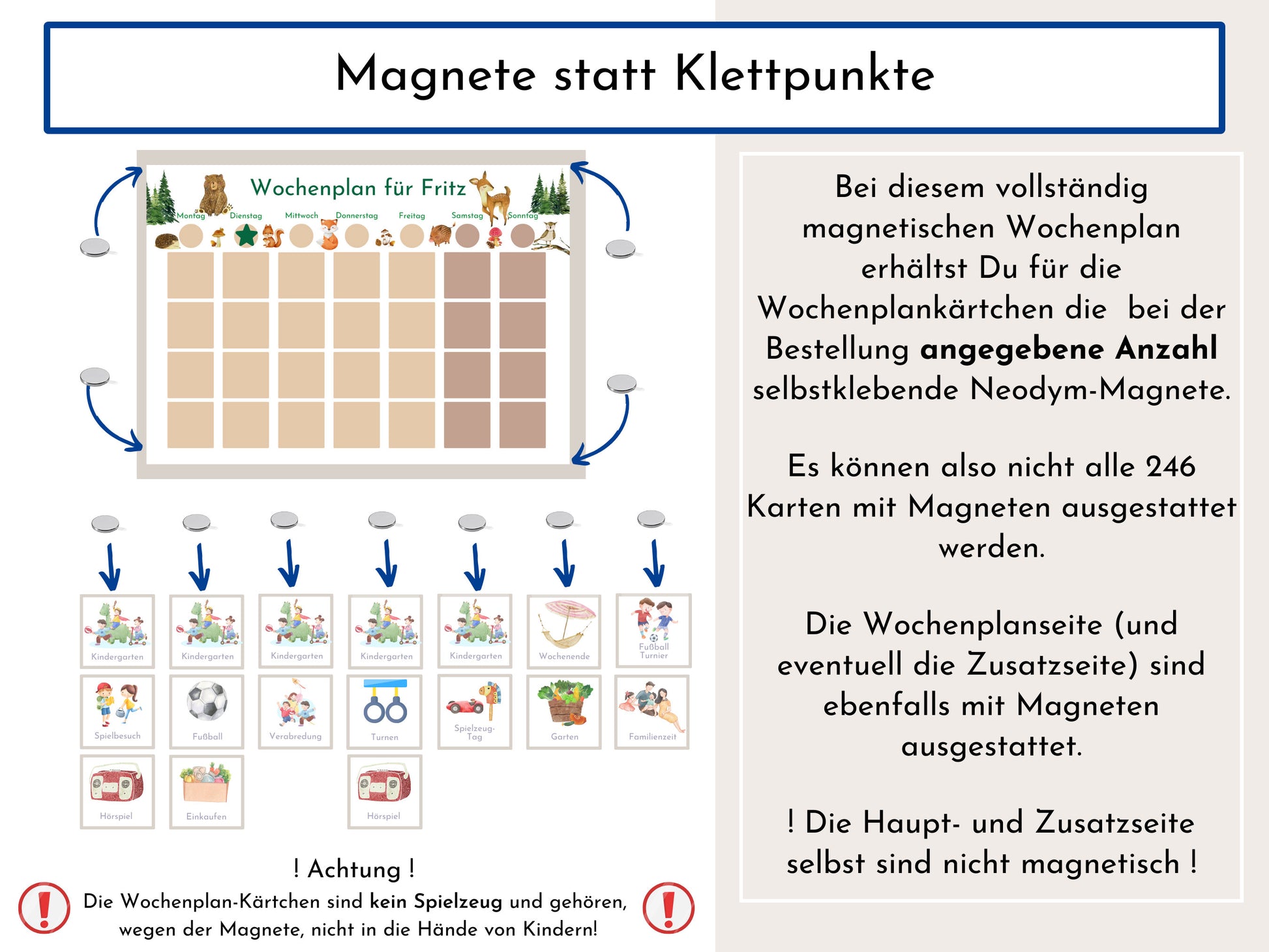 Personalisierter Magnetboard Wochenplan "Wald und Wiese" für Kinder, 246 Routine Karten, Tagesplan mit 40-100 Magneten, Montessori Routine