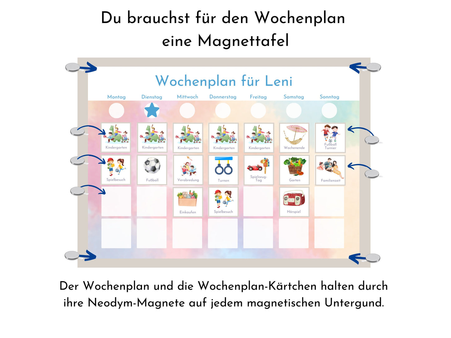 Magnetboard Wochenplan "Aquarell" personalisiert für Kinder und Teenager, 246 Routine Karten, Neodym-Magnete, Montessori Routineplan