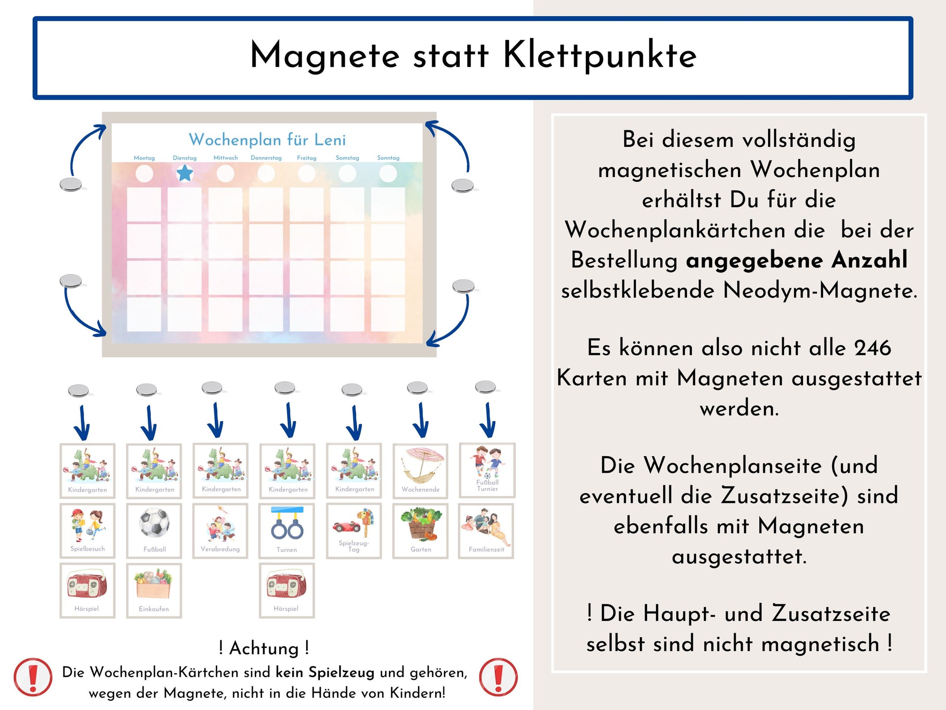 Magnetboard Wochenplan "Aquarell" personalisiert für Kinder und Teenager, 246 Routine Karten, Neodym-Magnete, Montessori Routineplan