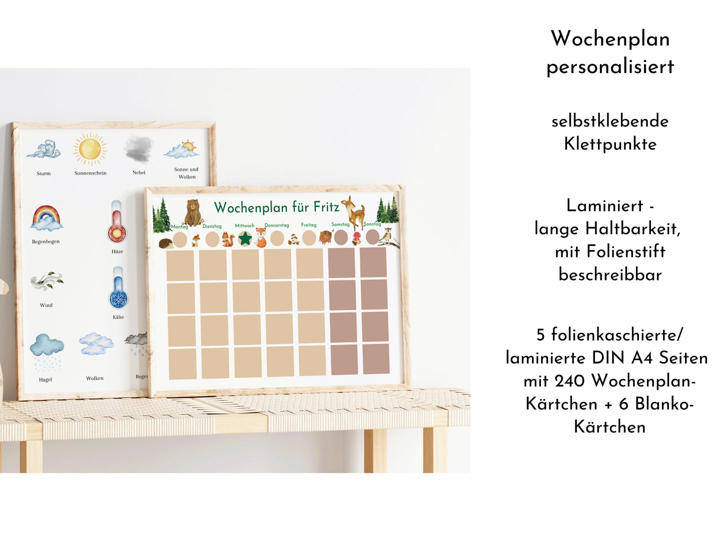 Wochenplan "Wald und Wiese" mit Name personalisiert, 246 Routine Karten, laminiert magnetisch Klett, Routineplan für Kinder und Jugendliche