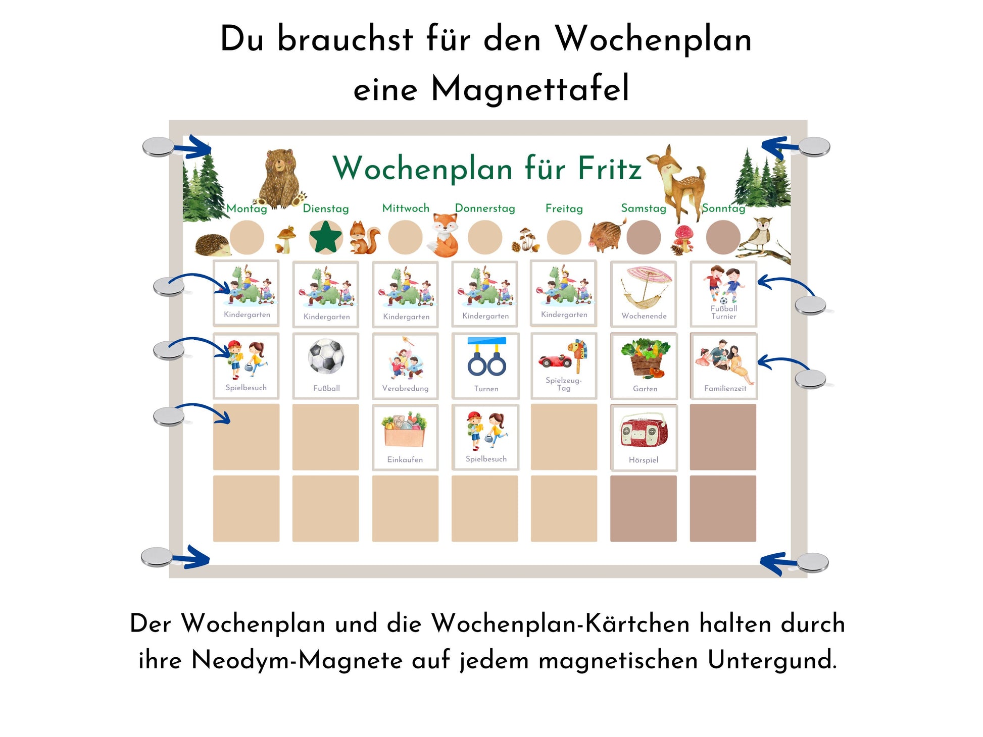 Personalisierter Magnetboard Wochenplan "Wald und Wiese" für Kinder, 246 Routine Karten, Tagesplan mit 40-100 Magneten, Montessori Routine