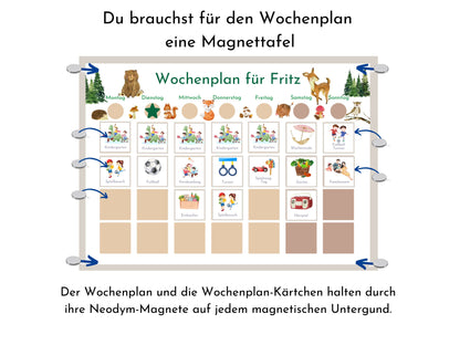 Personalisierter Magnetboard Wochenplan "Wald und Wiese" für Kinder, 246 Routine Karten, Tagesplan mit 40-100 Magneten, Montessori Routine