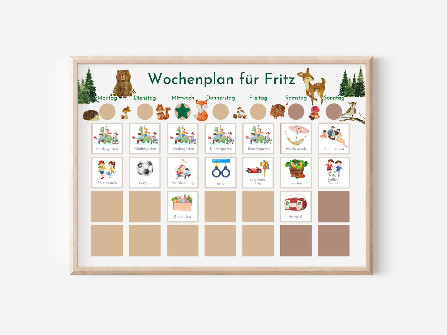 Personalisierter Magnetboard Wochenplan "Wald und Wiese" für Kinder, 246 Routine Karten, Tagesplan mit 40-100 Magneten, Montessori Routine