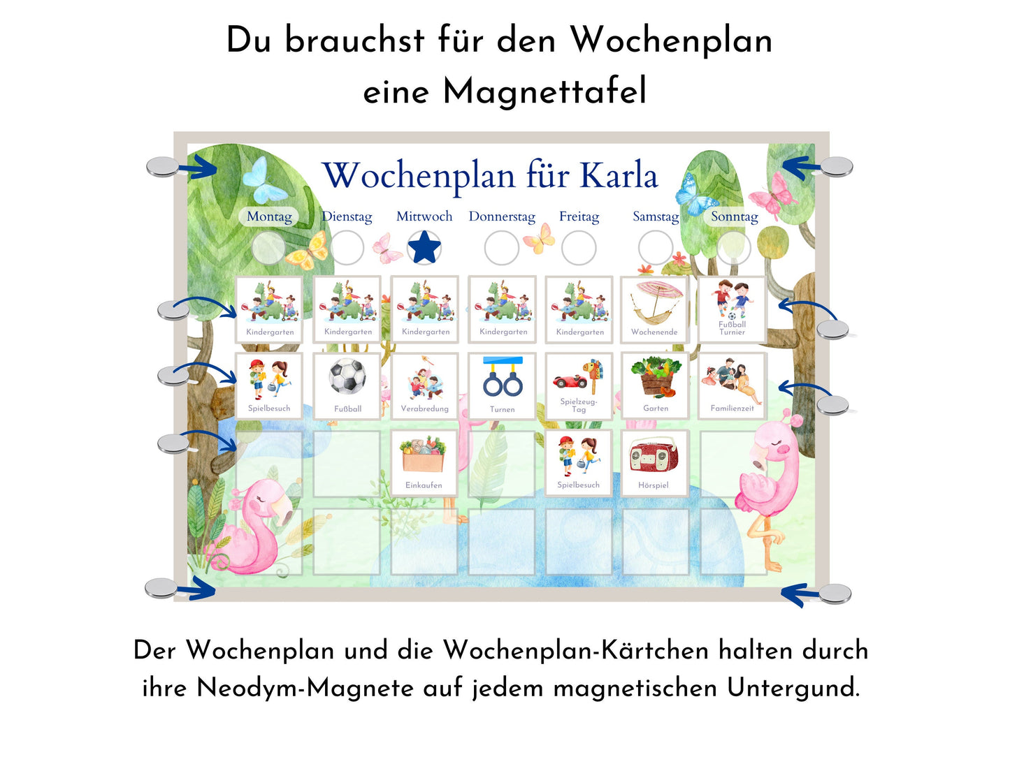 Magnetboard Wochenplan "Flamingo" personalisiert für Kinder und Teenager, 246 Routine Karten, Neodym-Magnete, Montessori Routineplan