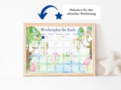 Magnetboard Wochenplan "Flamingo" personalisiert für Kinder und Teenager, 246 Routine Karten, Neodym-Magnete, Montessori Routineplan