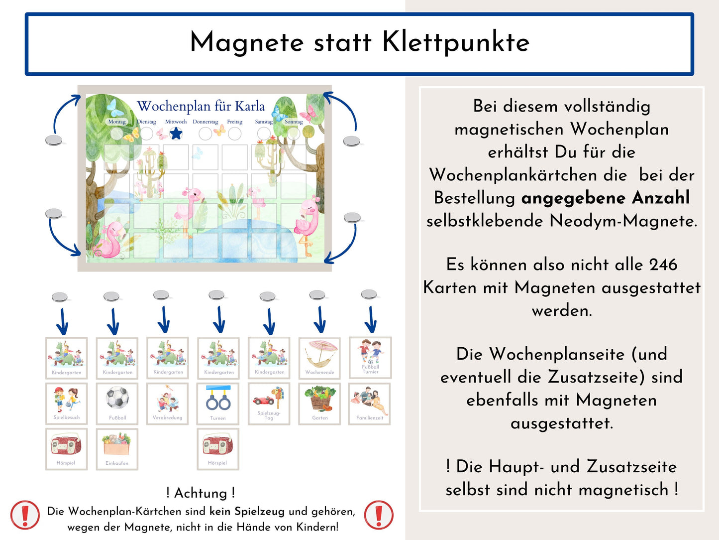 Magnetboard Wochenplan "Flamingo" personalisiert für Kinder und Teenager, 246 Routine Karten, Neodym-Magnete, Montessori Routineplan