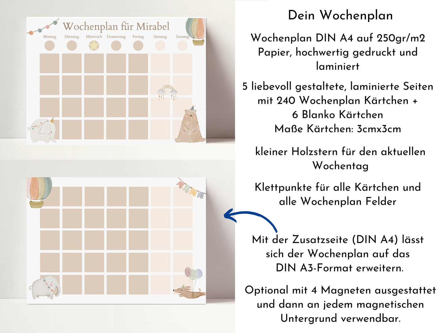 Wochenplan "Boho Doodle" mit Name personalisiert, 246 Routine Karten, laminiert Klett, Montessori Routineplan für Kinder, Familie Nordstern