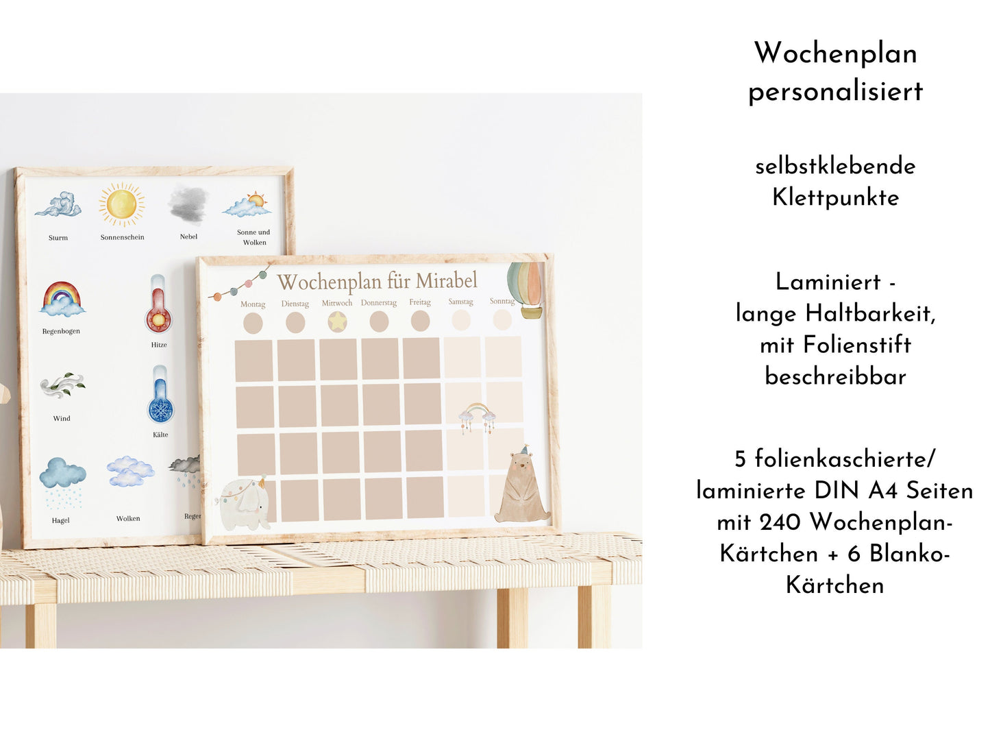 Wochenplan "Boho Doodle" mit Name personalisiert, 246 Routine Karten, laminiert Klett, Montessori Routineplan für Kinder, Familie Nordstern