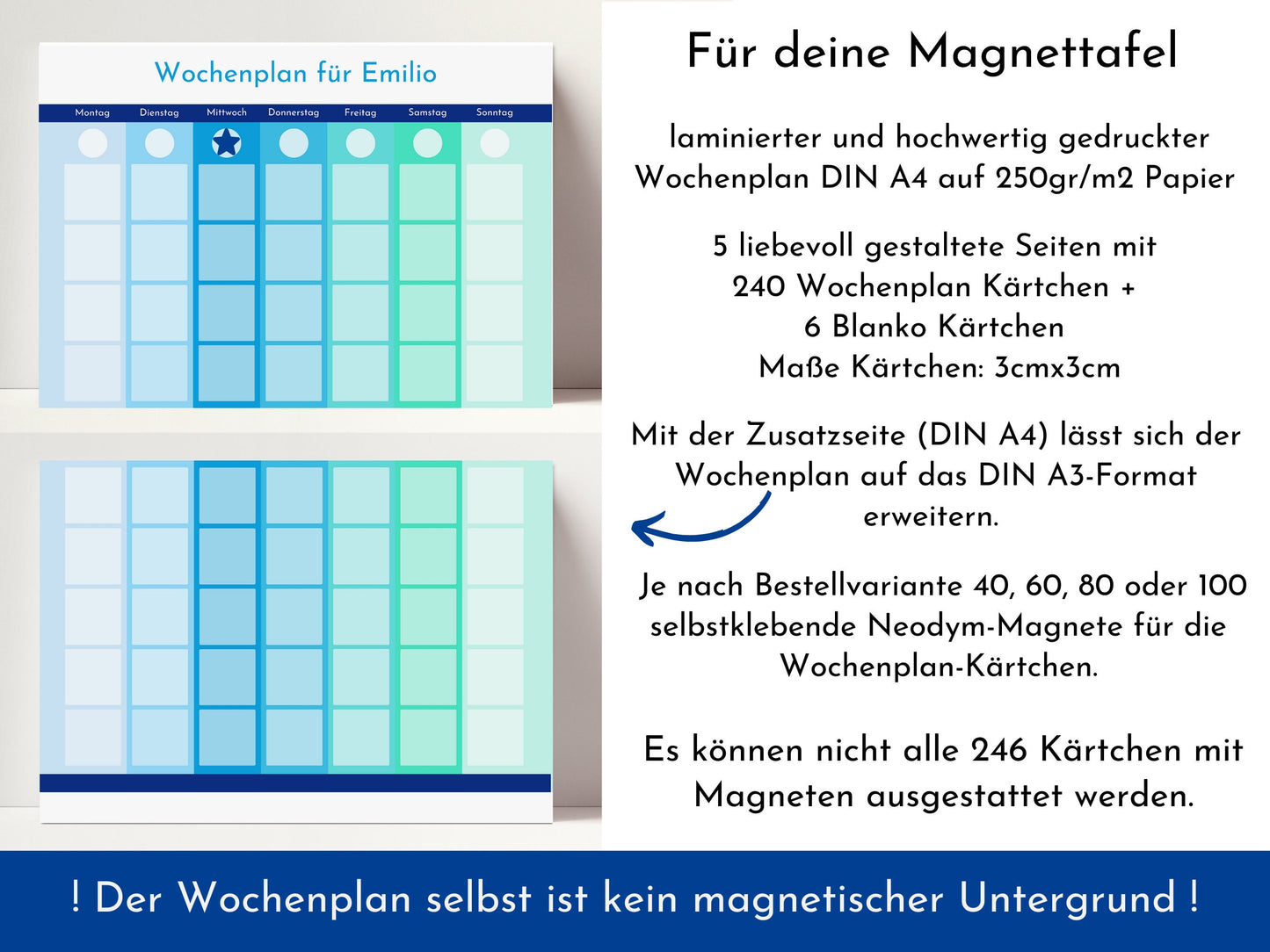 Magnetboard Wochenplan "Meeresrauschen" personalisiert für Kinder und Teenager, 246 Routine Karten, Neodym-Magnete, Montessori Routineplan