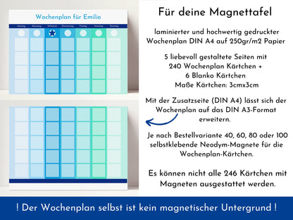 Magnetboard Wochenplan "Meeresrauschen" personalisiert für Kinder und Teenager, 246 Routine Karten, Neodym-Magnete, Montessori Routineplan