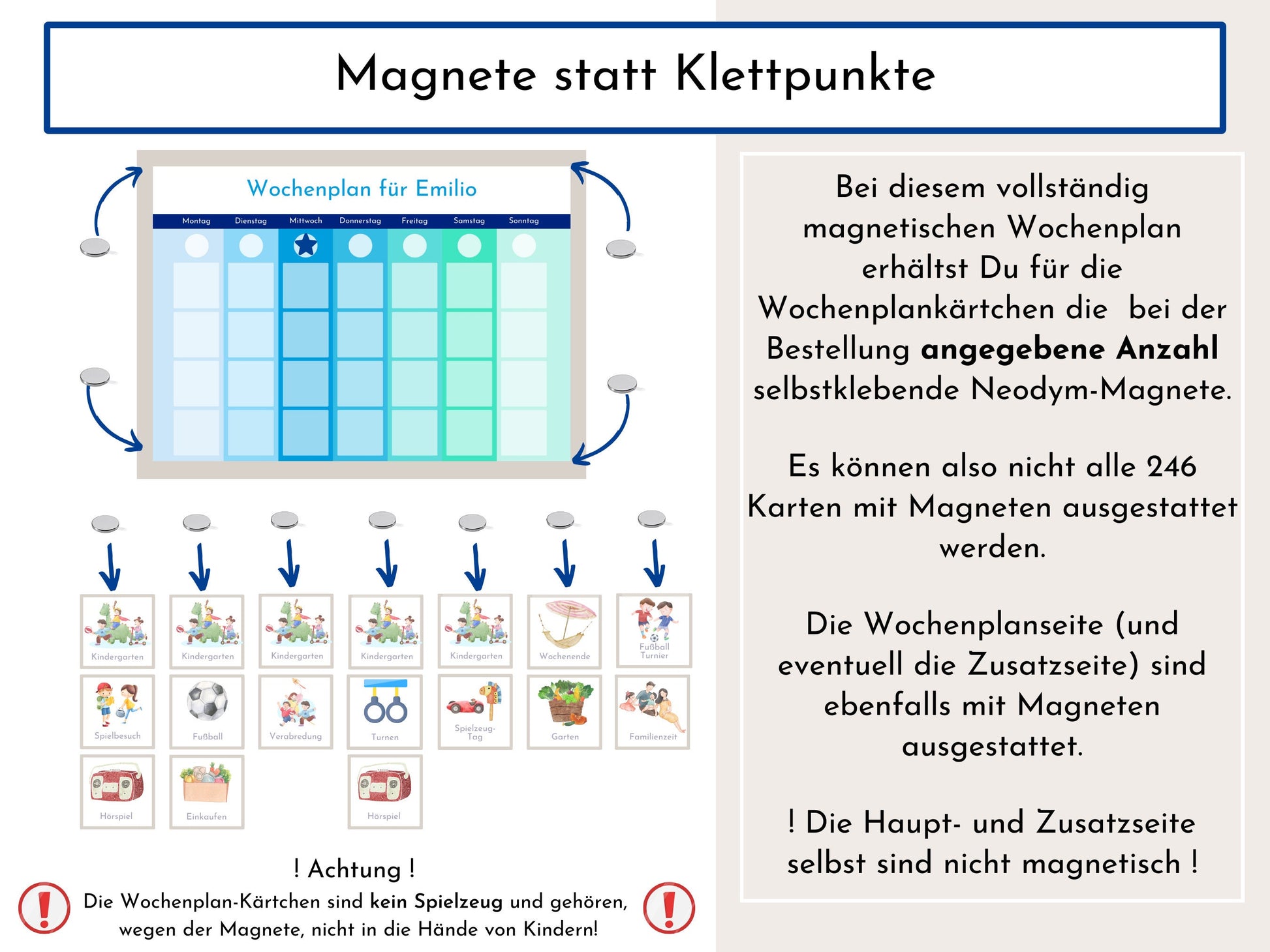 Magnetboard Wochenplan "Meeresrauschen" personalisiert für Kinder und Teenager, 246 Routine Karten, Neodym-Magnete, Montessori Routineplan