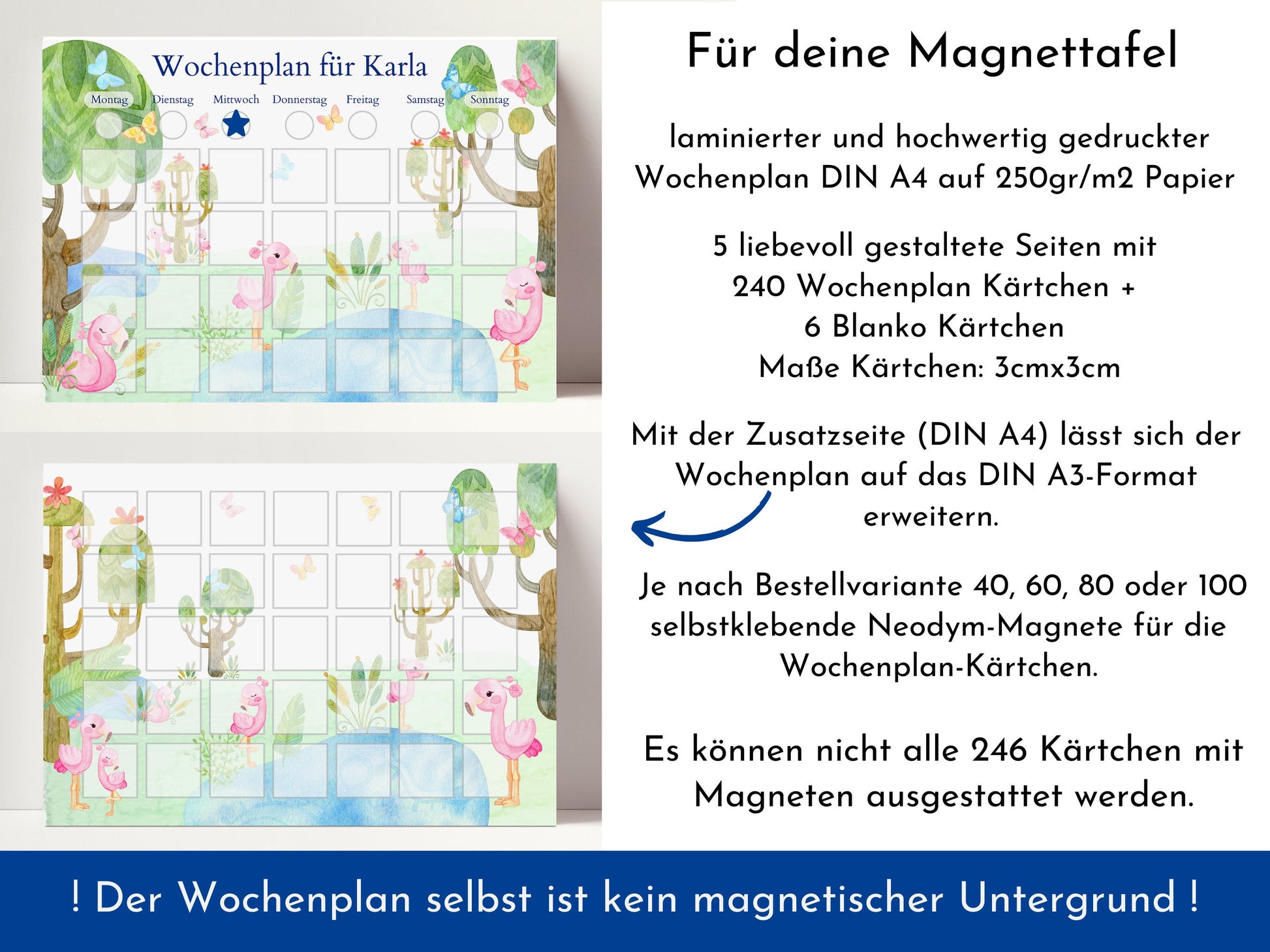 Magnetboard Wochenplan "Flamingo" personalisiert für Kinder und Teenager, 246 Routine Karten, Neodym-Magnete, Montessori Routineplan