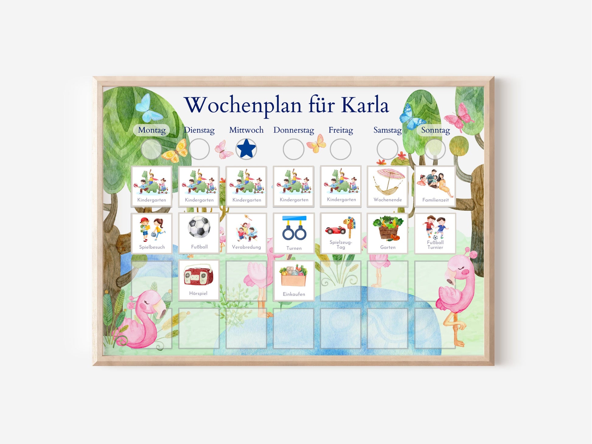 Magnetboard Wochenplan "Flamingo" personalisiert für Kinder und Teenager, 246 Routine Karten, Neodym-Magnete, Montessori Routineplan