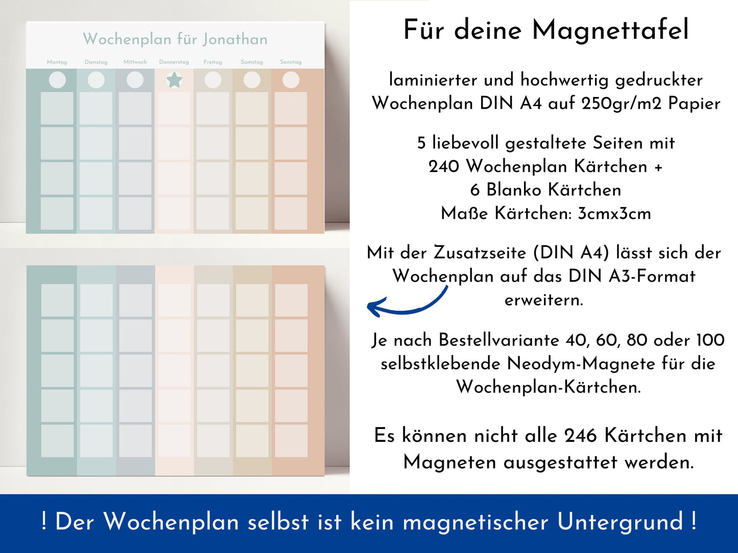 Personalisierter Magnetboard Wochenplan "Salbei Haselnuss" für Kinder, 246 Routine Karten, Magnet, Montessori Routineplan Familie Nordstern