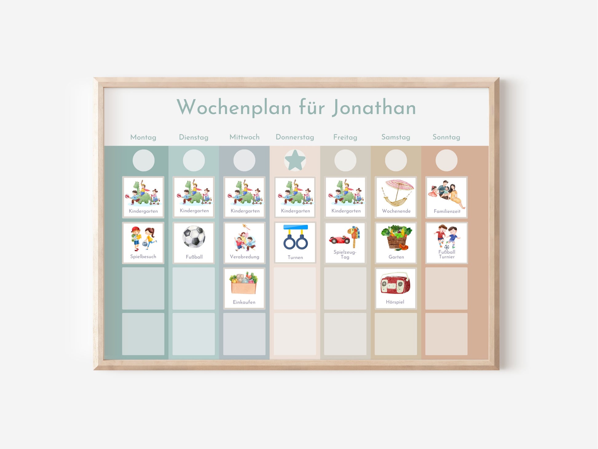 Personalisierter Magnetboard Wochenplan "Salbei Haselnuss" für Kinder, 246 Routine Karten, Magnet, Montessori Routineplan Familie Nordstern