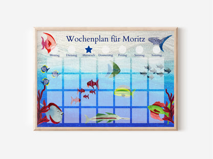 Wochenplan "Aquarium" mit Name personalisiert, 246 Routine Karten, laminiert magnetisch Klett, Routineplan für Kinder und Jugendliche