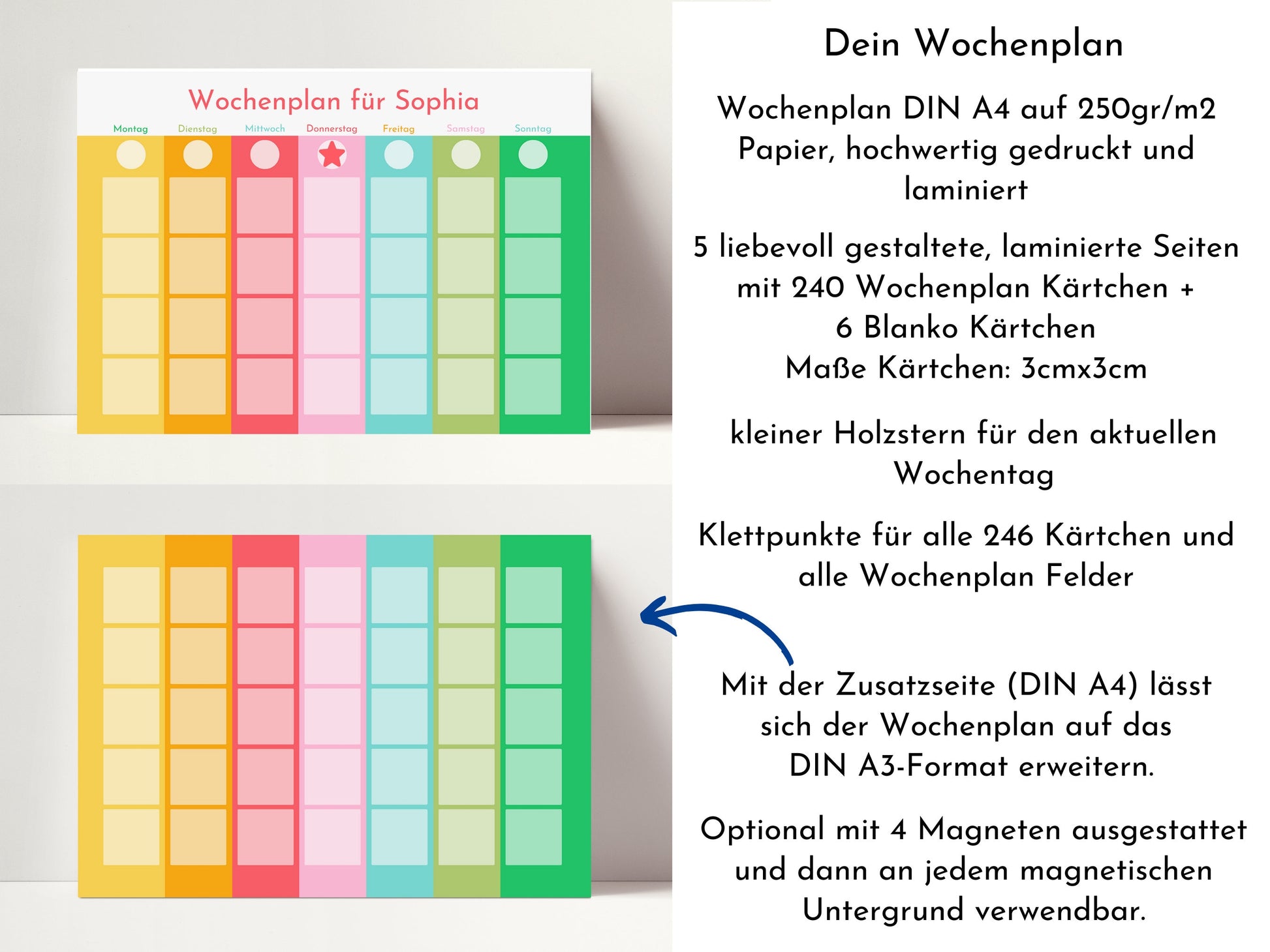 Wochenplan "Frühling" mit Name personalisiert, 246 Routine Karten, laminiert magnetisch Klett, Routineplan für Kinder und Jugendliche