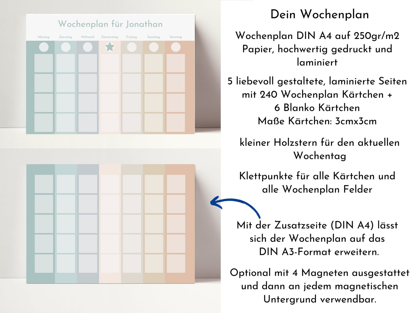 Wochenplan "Salbei und Haselnuss" mit Name personalisiert, 246 Routine Karten, laminiert magnetisch, Routineplan für Kinder und Jugendliche