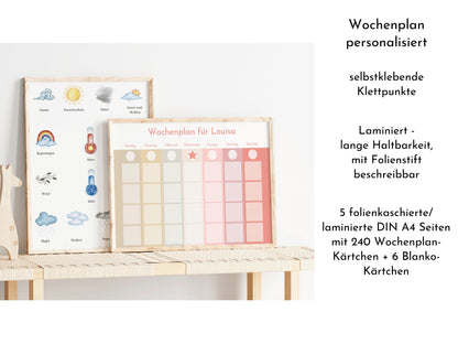 Personalisierter Wochenplan "Erdbeere und Haselnuss", 246 Routine Karten, laminiert magnetisch Klett, Routineplan für Kinder und Jugendliche