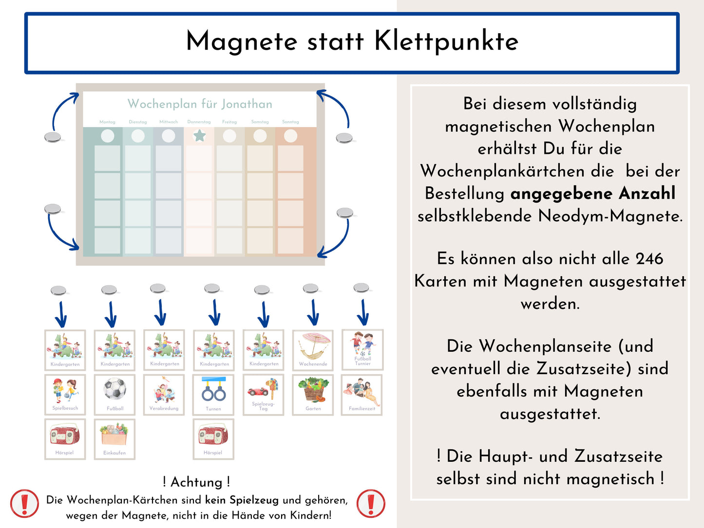 Personalisierter Magnetboard Wochenplan "Salbei Haselnuss" für Kinder, 246 Routine Karten, Magnet, Montessori Routineplan Familie Nordstern