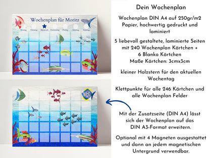 Wochenplan "Aquarium" mit Name personalisiert, 246 Routine Karten, laminiert magnetisch Klett, Routineplan für Kinder und Jugendliche