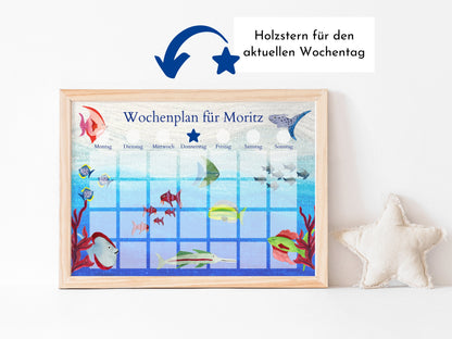 Wochenplan "Aquarium" mit Name personalisiert, 246 Routine Karten, laminiert magnetisch Klett, Routineplan für Kinder und Jugendliche