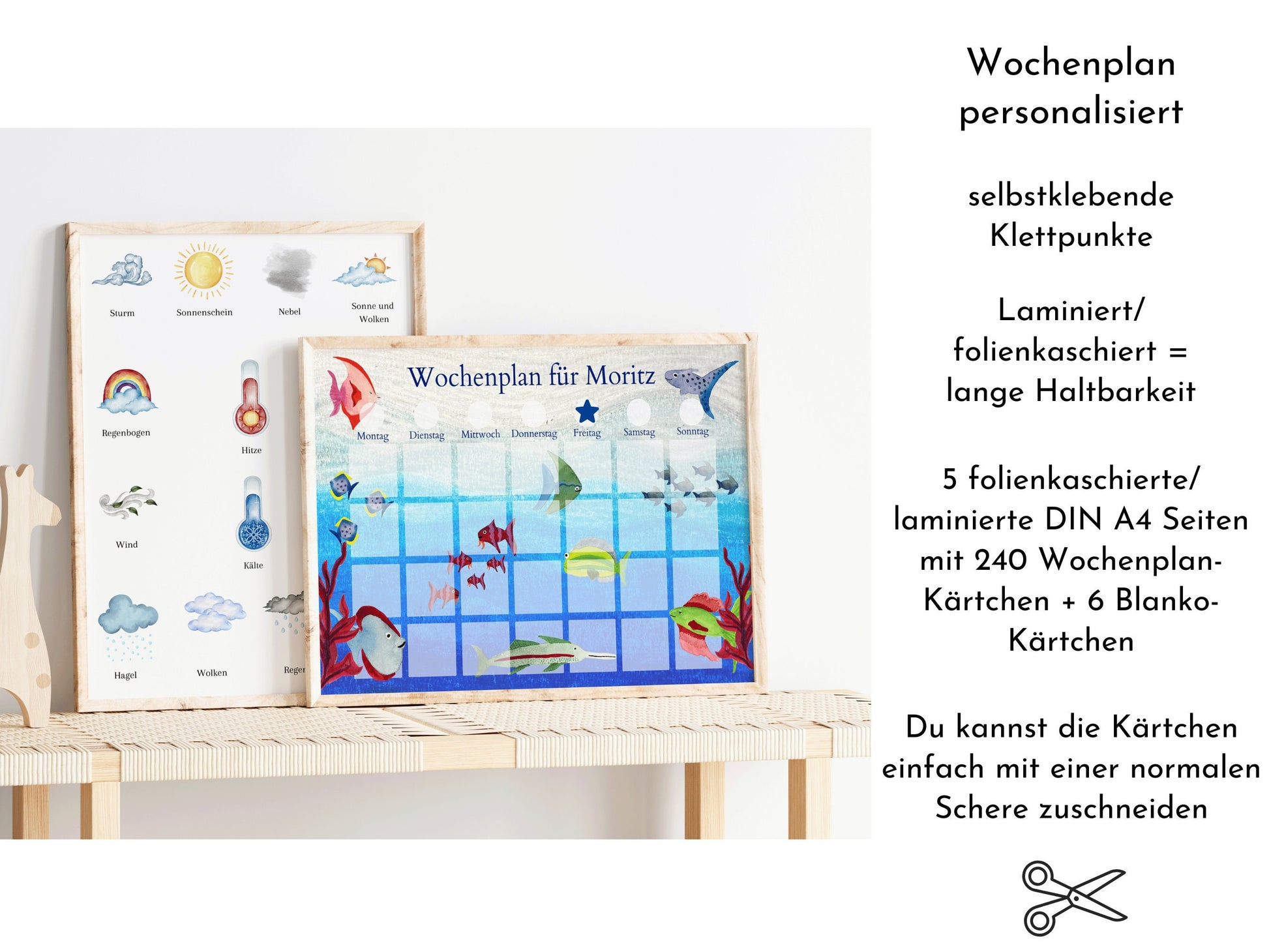 Wochenplan "Aquarium" mit Name personalisiert, 246 Routine Karten, laminiert magnetisch Klett, Routineplan für Kinder und Jugendliche