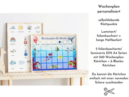 Wochenplan "Aquarium" mit Name personalisiert, 246 Routine Karten, laminiert magnetisch Klett, Routineplan für Kinder und Jugendliche