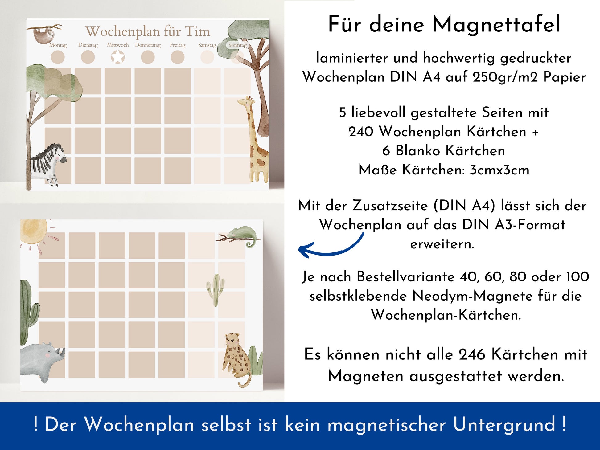 Magnetboard Wochenplan "Boho Jungle" personalisiert für Kinder, 246 Routine Karten, Magnete, Montessori Routineplan von Familie Nordstern