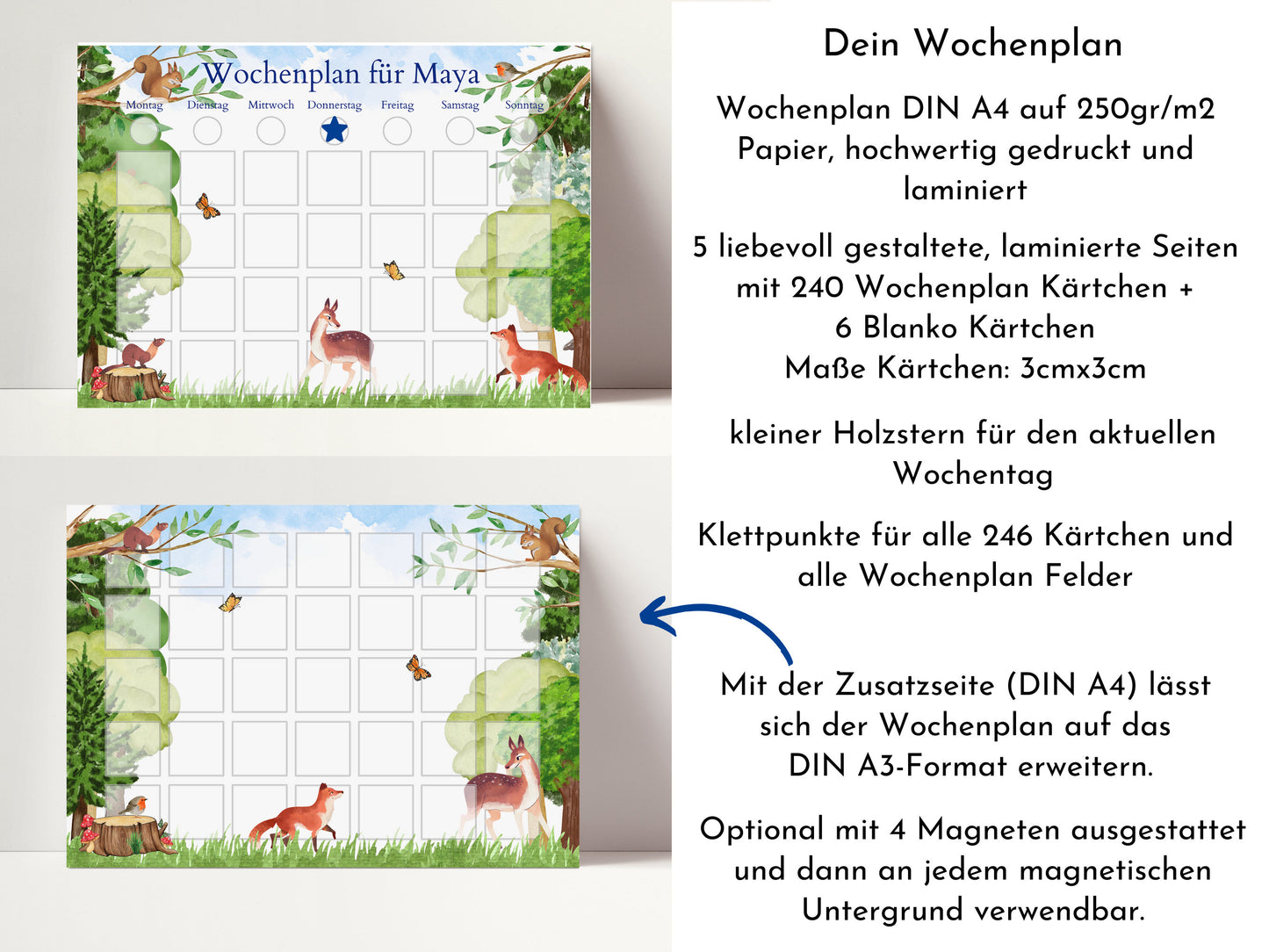 Personalisierter Wochenplan "Wald und Wiese" mit 246 Routine Karten für Kinder, magnetisch, Montessori Routineplan von Familie Nordstern