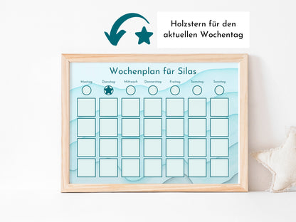 Wochenplan "Aquamarin" mit Name personalisiert, 246 Routine Karten, laminiert magnetisch Klett, Routineplan für Kinder und Jugendliche